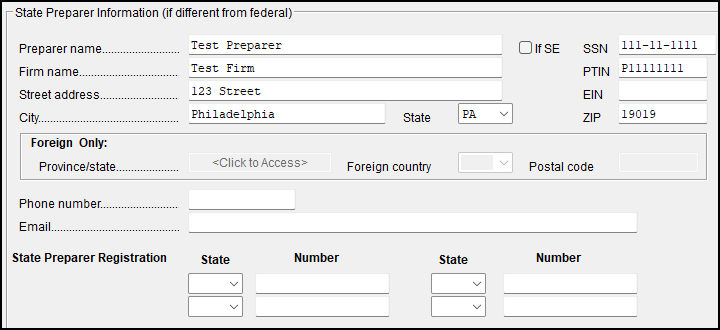 Image of "State preparer information" section on screen PREP